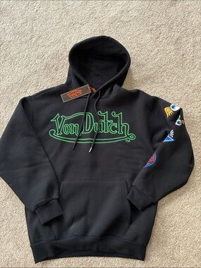 Von Dutch Black Hoodie with Bright green embroidery Logo and Sleeve Patches